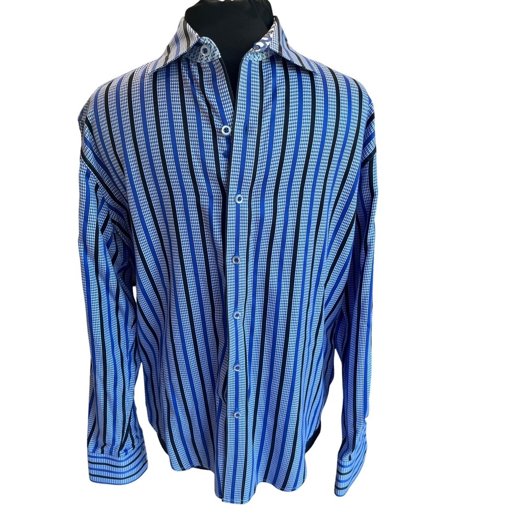 Robert Graham Mens Blue Striped Houndstooth Button Down Shirt Size M Long Sleeve